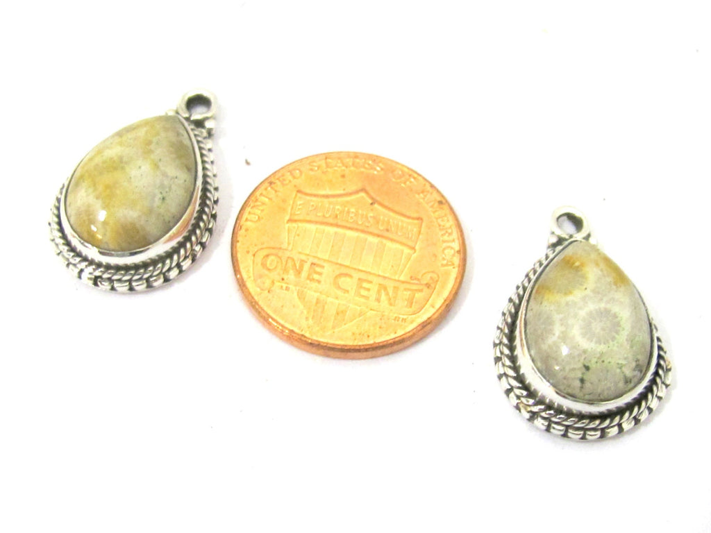 1 Pc - Small petite size Natural Fossil Coral drop charm pendant encased in Sterling silver stamped - PM417A