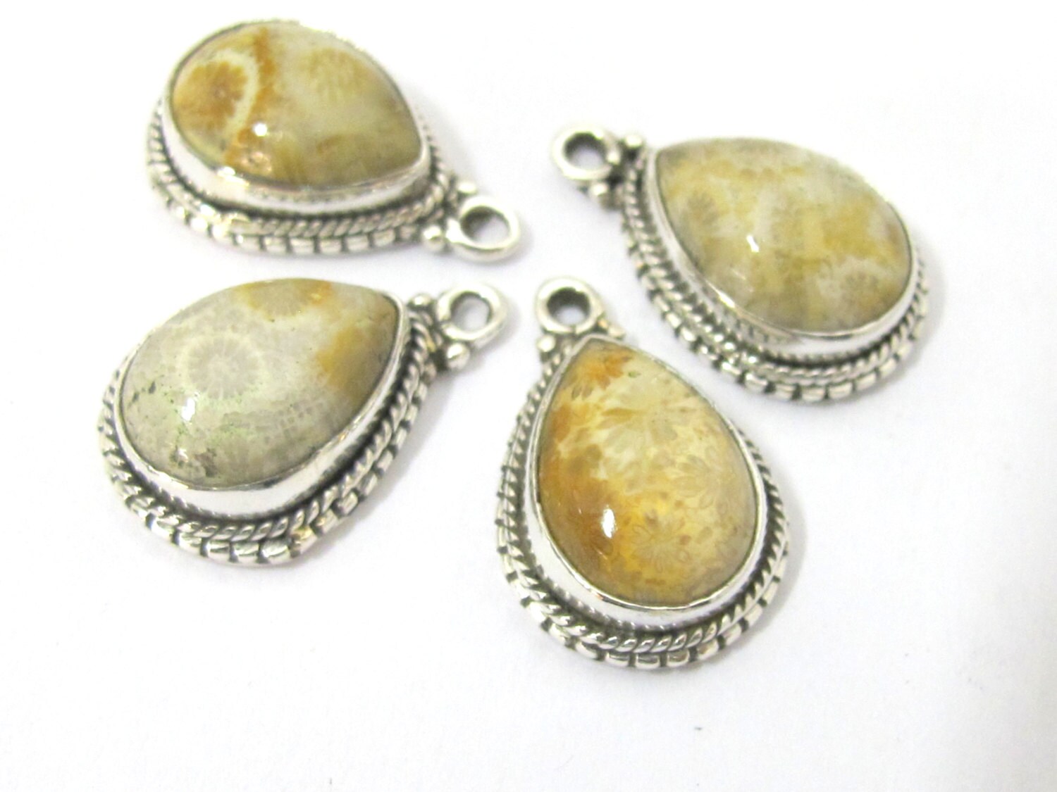 1 Pc - Small petite size Natural Fossil Coral drop charm pendant encased in Sterling silver stamped - PM417A