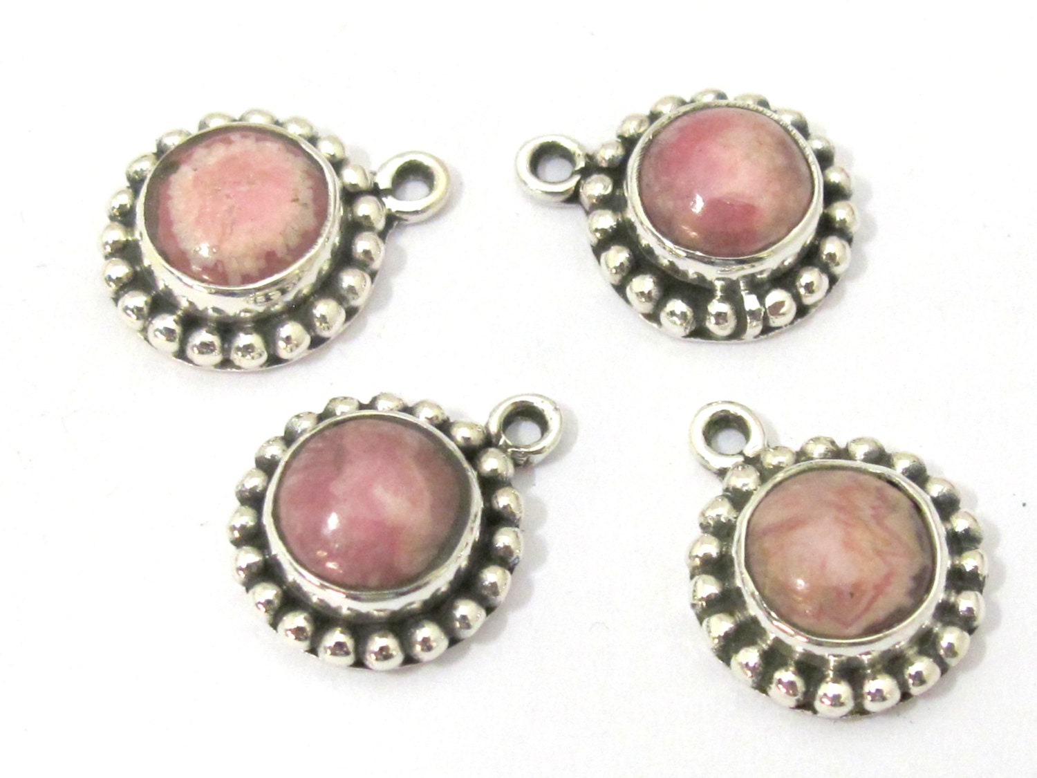 2 pieces - Small petite size rhodochrosite gemstone charm pendant encased in Sterling silver stamped - PM417B