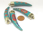 1 Pendant - Long Tibetan spiral filigree Tusk pendant with turquoise coral lapis inlay - PM420A