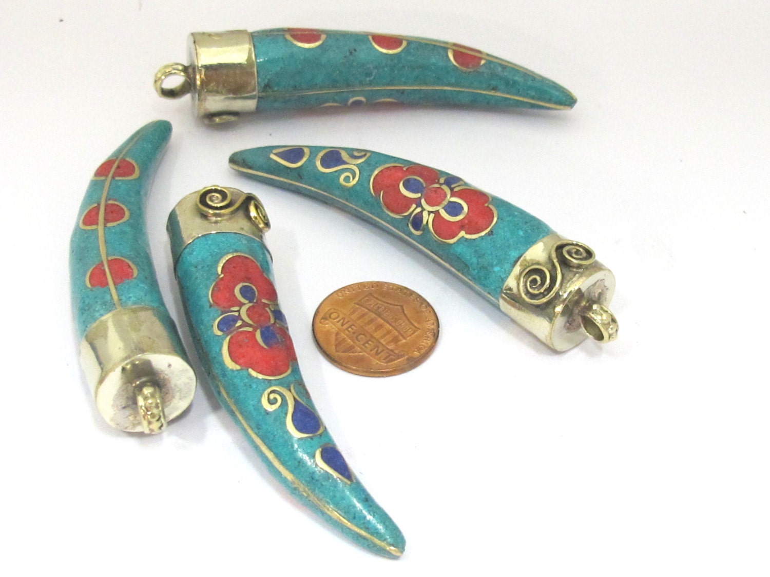 1 Pendant - Long Tibetan spiral filigree Tusk pendant with turquoise coral lapis inlay - PM420A