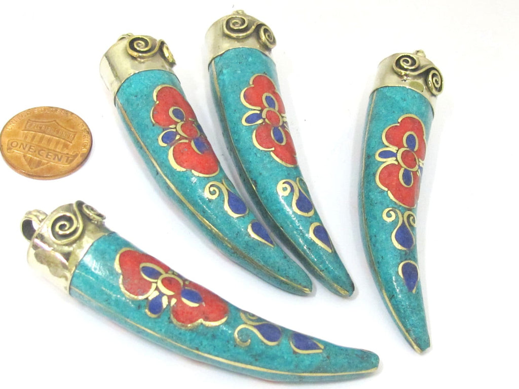 1 Pendant - Long Tibetan spiral filigree Tusk pendant with turquoise coral lapis inlay - PM420A