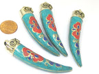 1 Pendant - Long Tibetan spiral filigree Tusk pendant with turquoise coral lapis inlay - PM420A