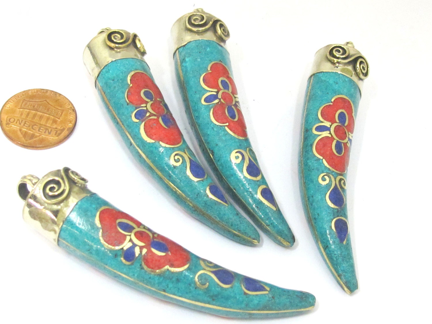 1 Pendant - Long Tibetan spiral filigree Tusk pendant with turquoise coral lapis inlay - PM420A