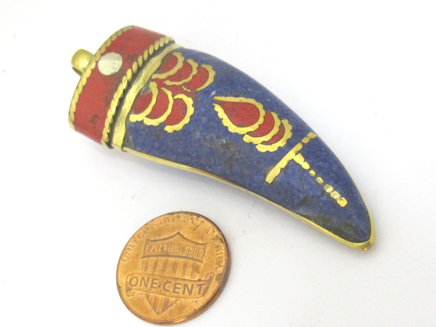 1 Pendant - Beautiful Tibetan horn tusk shape Brass pendant with lapis coral inlay - PM421B