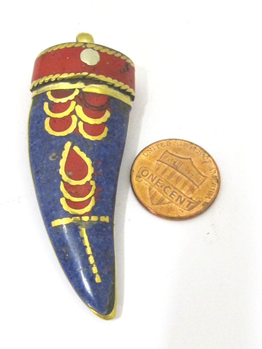 1 Pendant - Beautiful Tibetan horn tusk shape Brass pendant with lapis coral inlay - PM421B