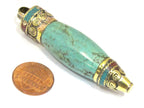1 Pendant - Large Tibetan turquoise point bullet shape brass capped pendant - PM422