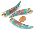 1 Pendant - Long Tibetan spiral filigree Tusk pendant with turquoise coral lapis inlay - PM420A