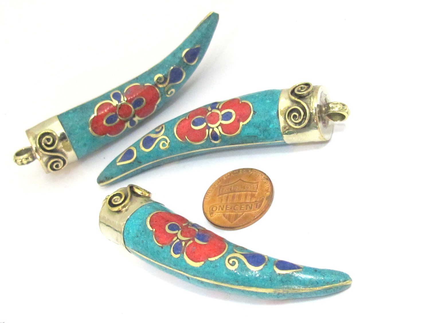 1 Pendant - Long Tibetan spiral filigree Tusk pendant with turquoise coral lapis inlay - PM420A