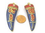 1 Pendant - Beautiful Tibetan horn tusk shape Brass pendant with lapis coral inlay - PM421B
