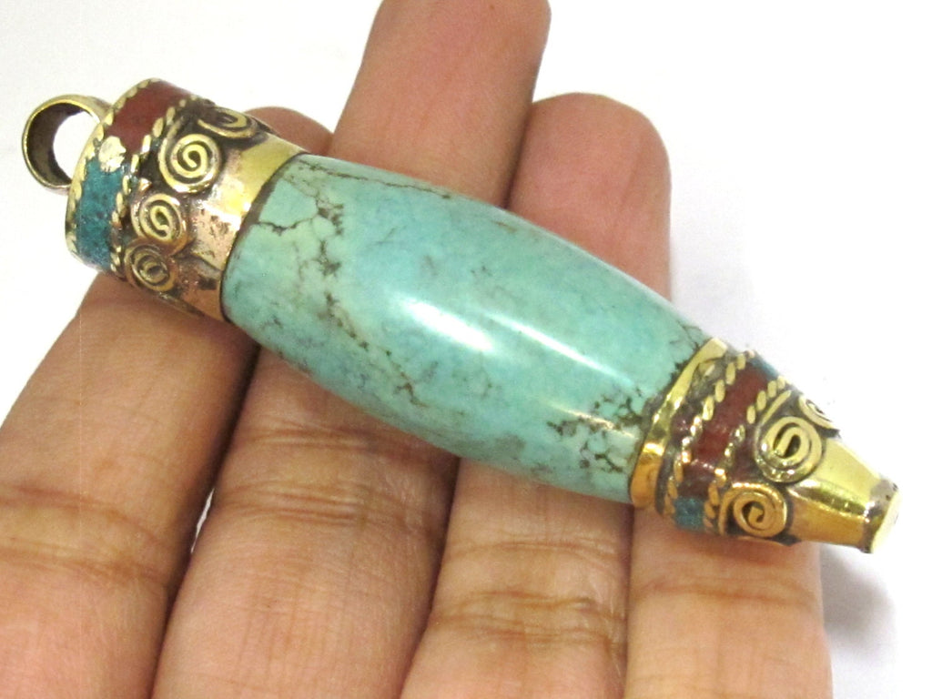 1 Pendant - Large Tibetan turquoise point bullet shape brass capped pendant - PM422