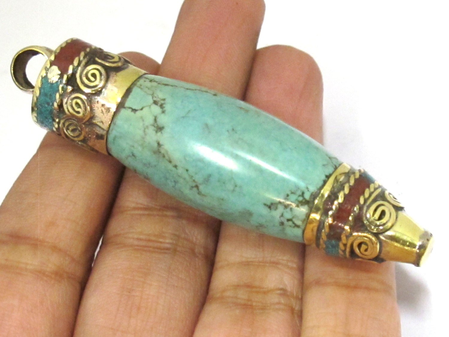 1 Pendant - Large Tibetan turquoise point bullet shape brass capped pendant - PM422