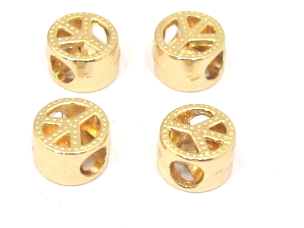 4 BEADS - Gold plated small retro peace symbol beads with large hole size - BD843