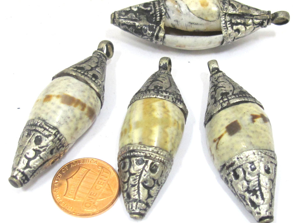 1 Pendant - Tibetan pendants - Ethnic Tibetan silver repousse carved cap bail shell pendant from Nepal - SP045