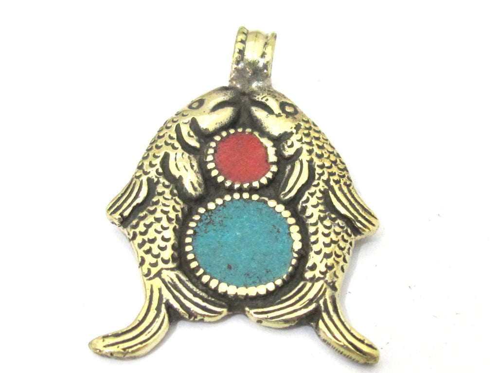 1 Pendant - Tibetan brass repousse Two golden fish auspicious symbol pendant with lotus flower on reverse side - PM424
