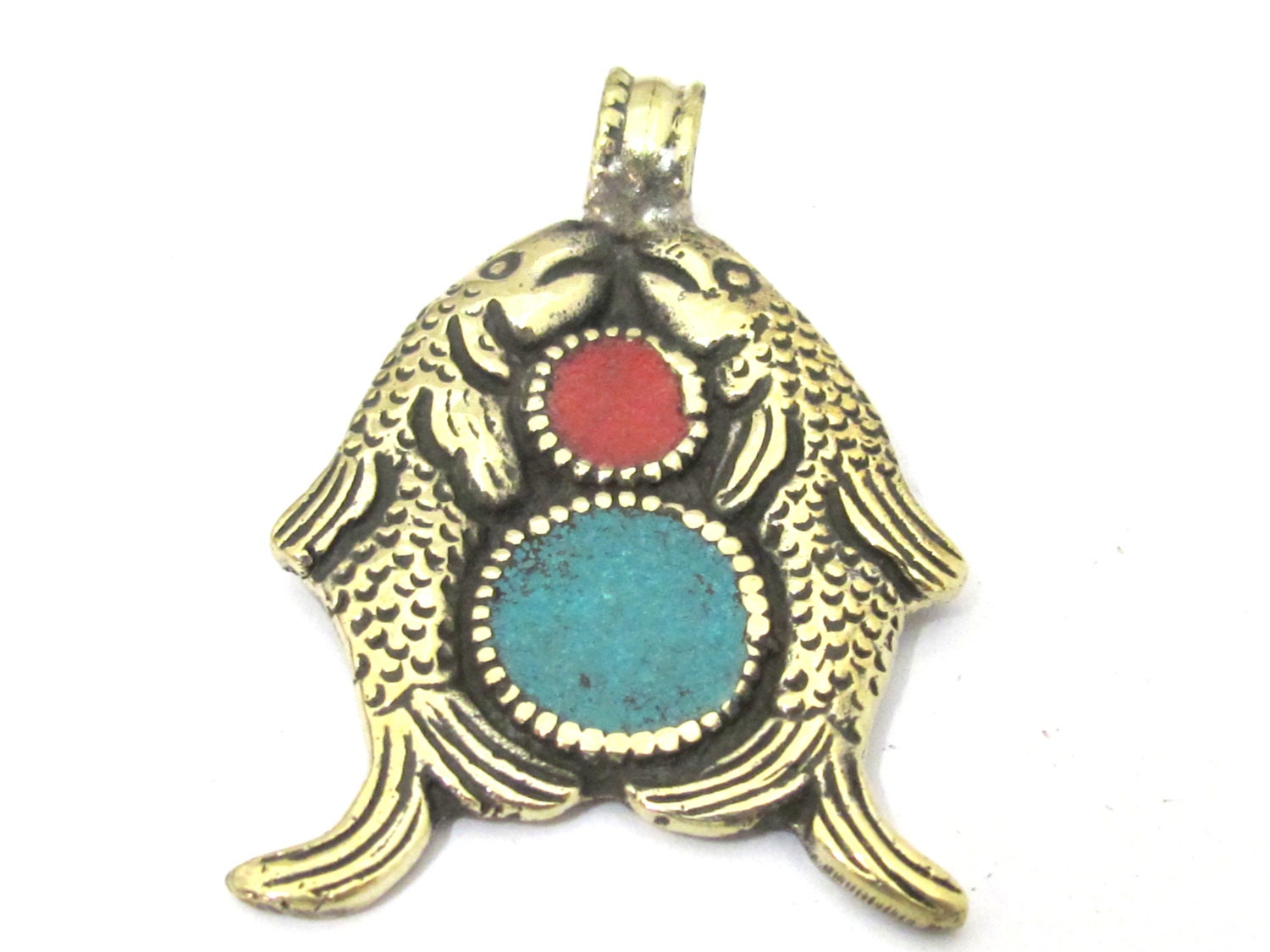 1 Pendant - Tibetan brass repousse Two golden fish auspicious symbol pendant with lotus flower on reverse side - PM424