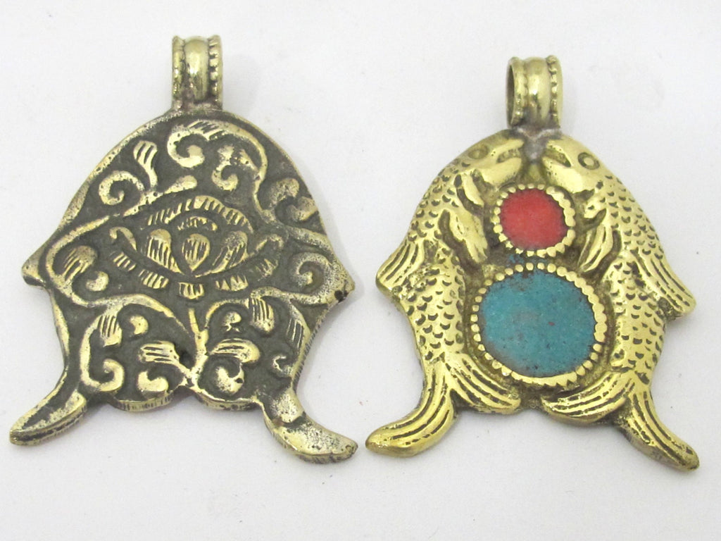 1 Pendant - Tibetan brass repousse Two golden fish auspicious symbol pendant with lotus flower on reverse side - PM424