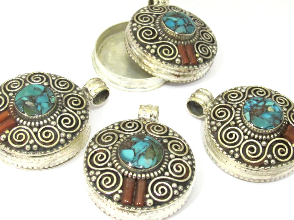 1 Pendant - Gorgeous Tibetan silver Ghau prayer box double spiral design pendant with turquoise inlay - PM427