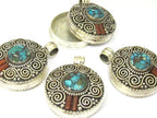 1 Pendant - Gorgeous Tibetan silver Ghau prayer box double spiral design pendant with turquoise inlay - PM427