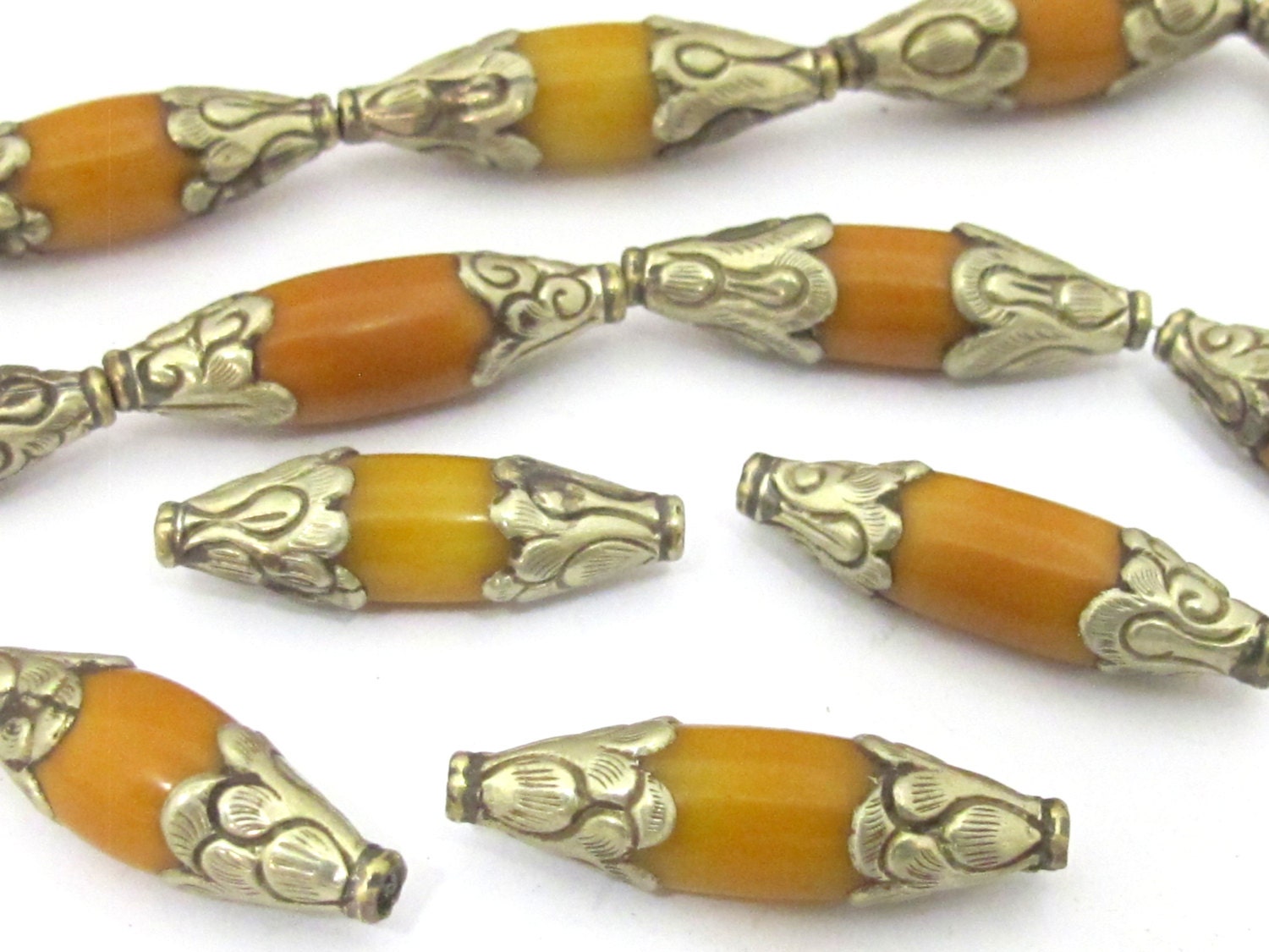 1 BEAD - Tibetan amber copal resin tibetan silver capped floral repousse bead - BD848