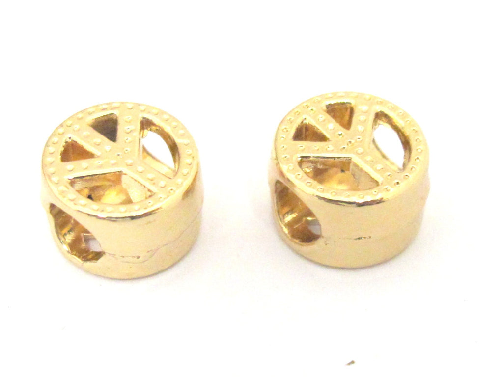 4 BEADS - Gold plated small retro peace symbol beads with large hole size - BD843