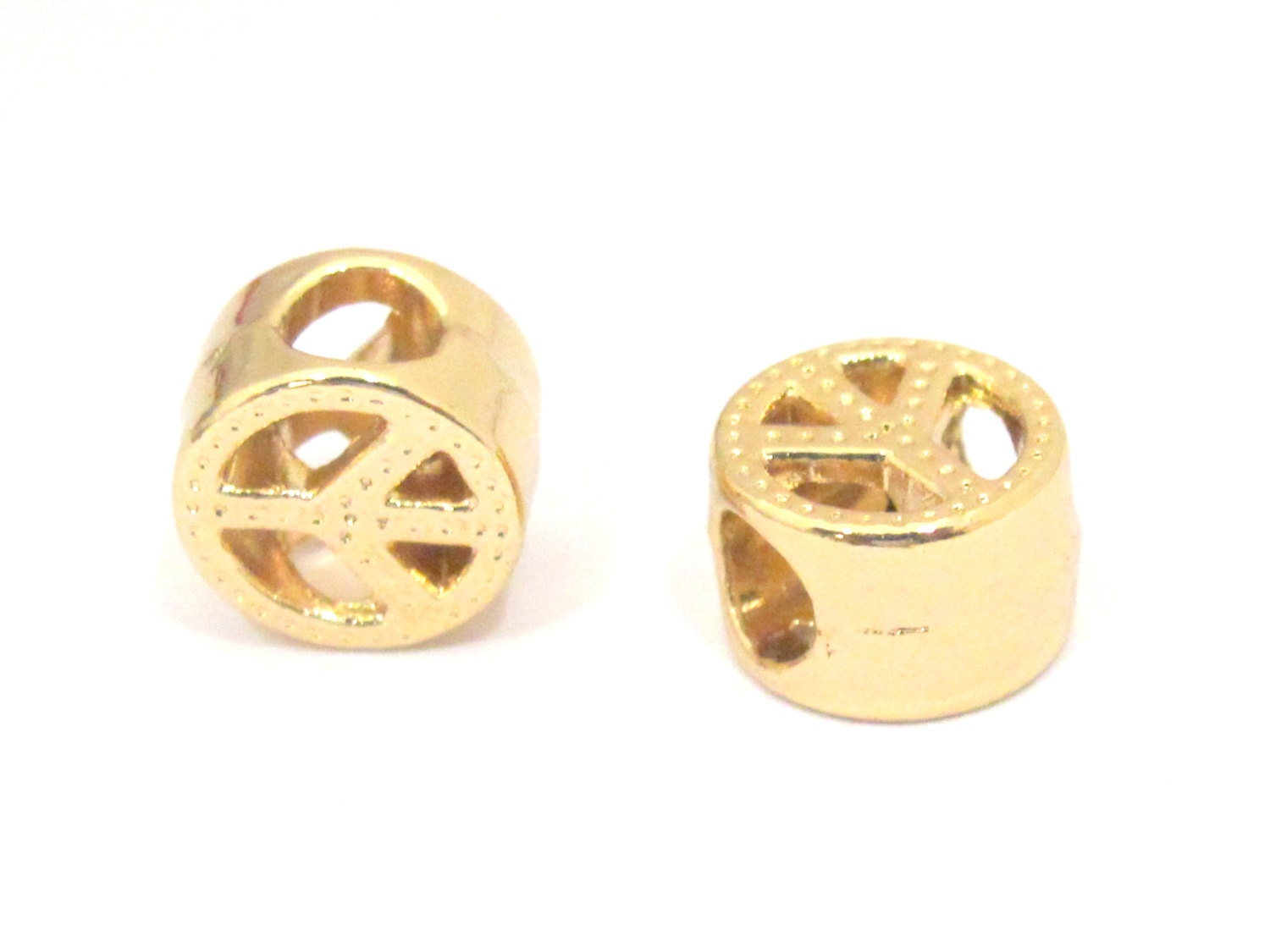 4 BEADS - Gold plated small retro peace symbol beads with large hole size - BD843