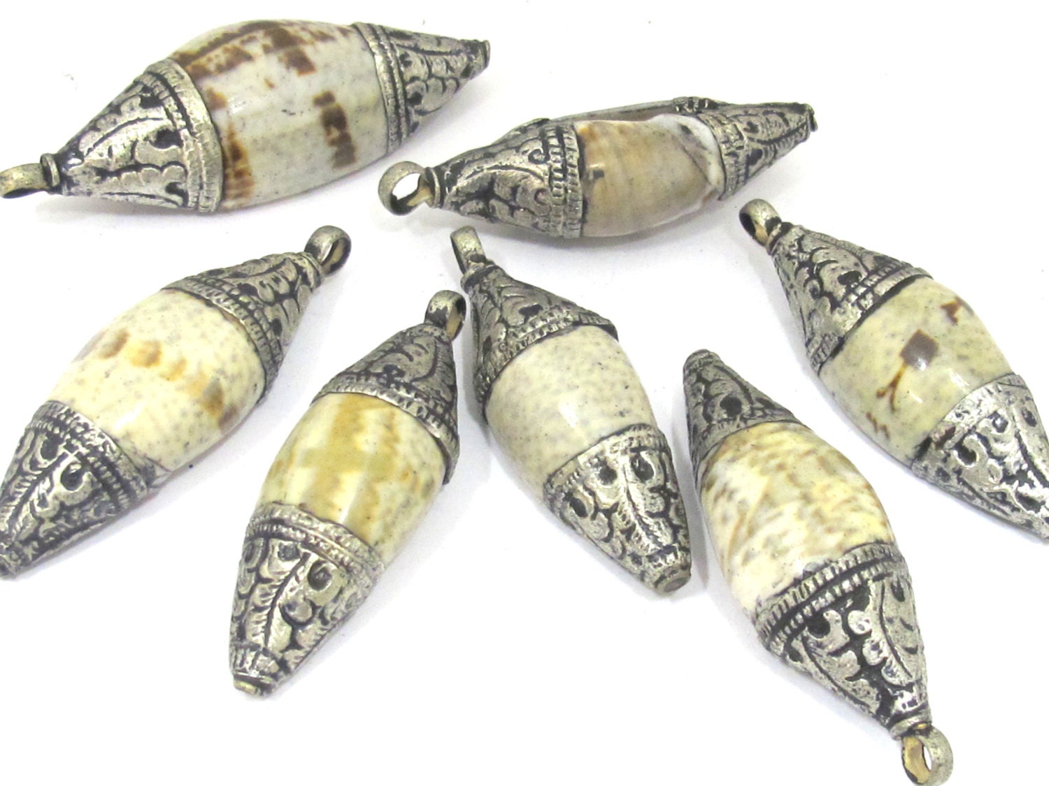 1 Pendant - Tibetan pendants - Ethnic Tibetan silver repousse carved cap bail shell pendant from Nepal - SP045