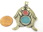 1 Pendant - Tibetan brass repousse Two golden fish auspicious symbol pendant with lotus flower on reverse side - PM424