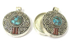 1 Pendant - Gorgeous Tibetan silver Ghau prayer box double spiral design pendant with turquoise inlay - PM427