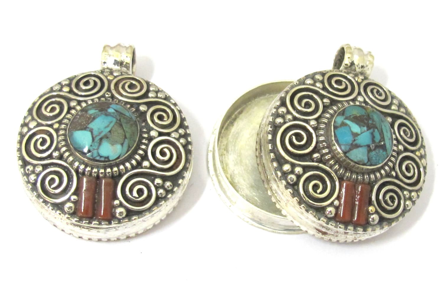 1 Pendant - Gorgeous Tibetan silver Ghau prayer box double spiral design pendant with turquoise inlay - PM427