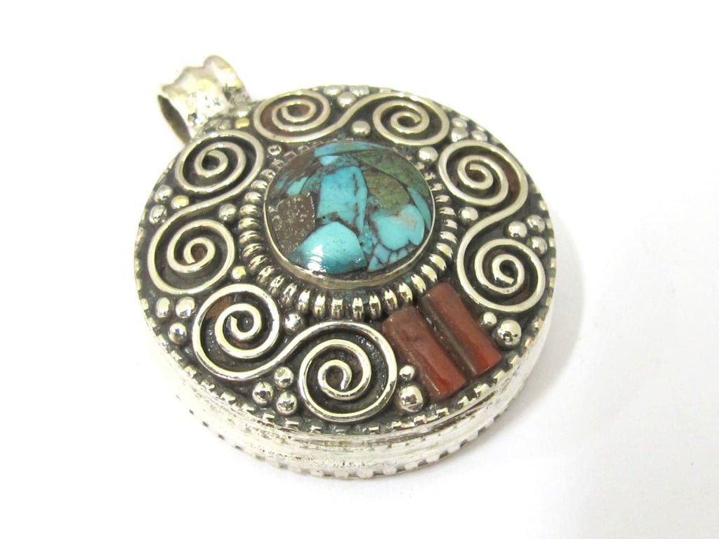 1 Pendant - Gorgeous Tibetan silver Ghau prayer box double spiral design pendant with turquoise inlay - PM427