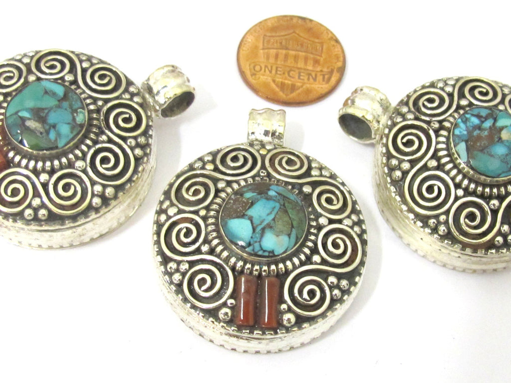 1 Pendant - Gorgeous Tibetan silver Ghau prayer box double spiral design pendant with turquoise inlay - PM427