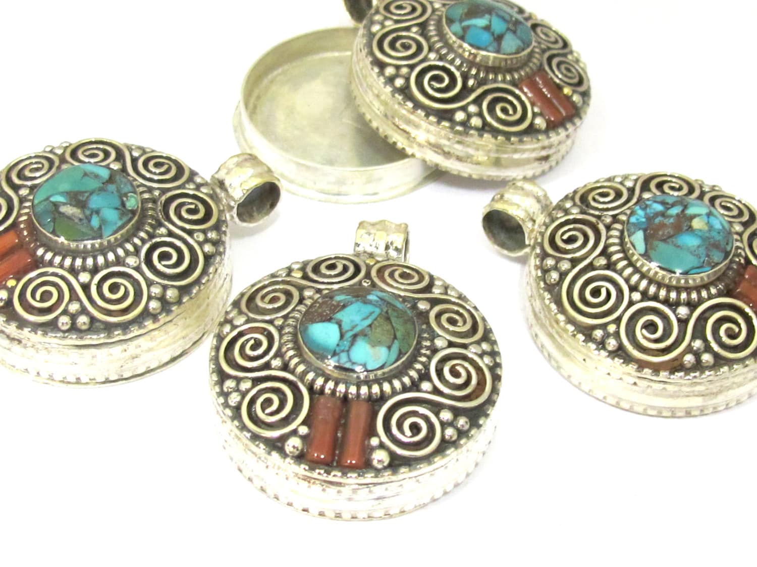 1 Pendant - Gorgeous Tibetan silver Ghau prayer box double spiral design pendant with turquoise inlay - PM427