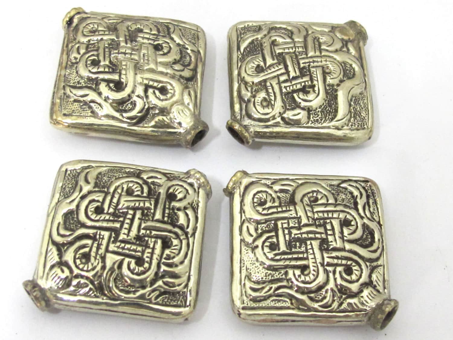 2 Beads - Large size Tibetan silver repousse endless knot design focal pendant bead - tibetan beads nepal beads BD846s
