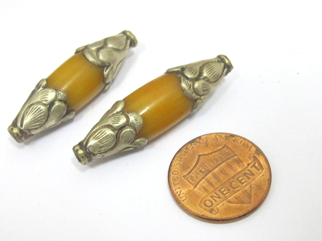 1 BEAD - Tibetan amber copal resin tibetan silver capped floral repousse bead - BD848