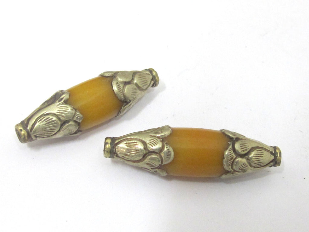 1 BEAD - Tibetan amber copal resin tibetan silver capped floral repousse bead - BD848