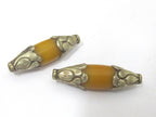 1 BEAD - Tibetan amber copal resin tibetan silver capped floral repousse bead - BD848