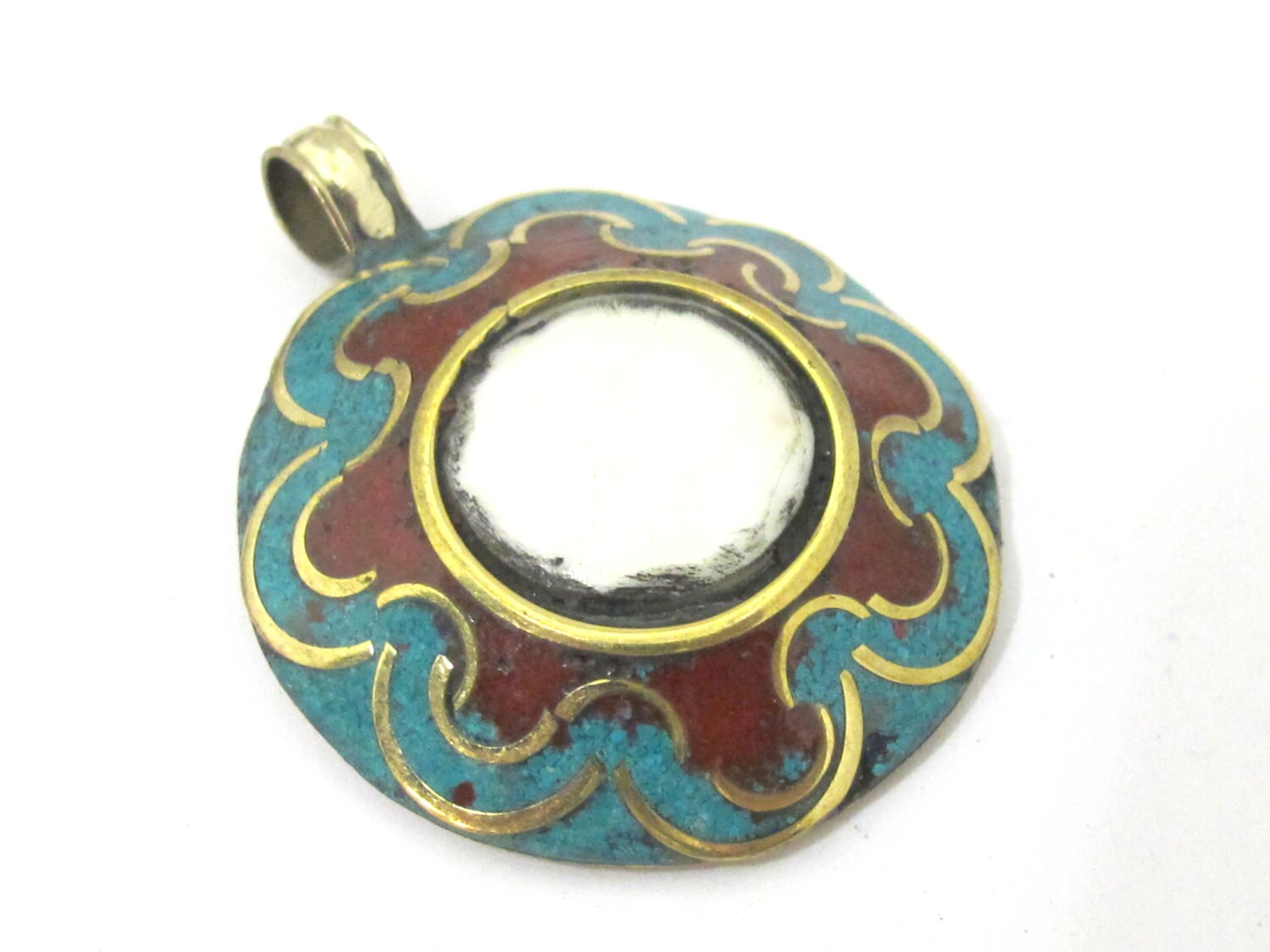 1 Pendant - Reversible Tibetan conch shell brass pendant with auspicious Treasure Vase lotus flower symbol - PM433A