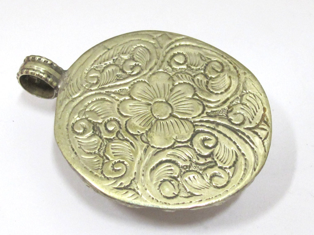 Tibetan silver Red Ganesha pendant with double dragon on side and floral carving on reverse - PM272G