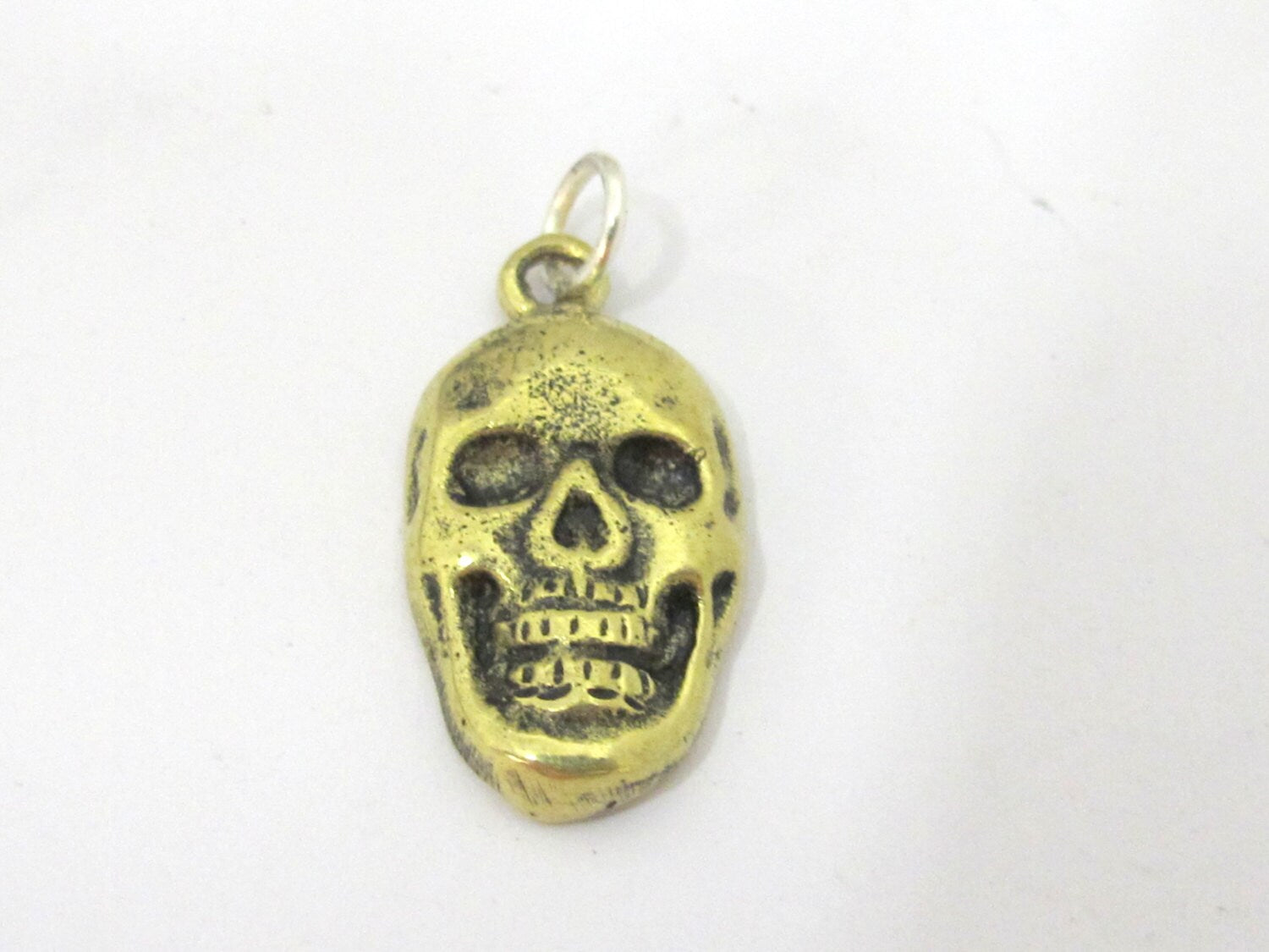 1 Pendant - Tibetan Small size brass skull face charm pendant with floral carving on reverse side l - CP105A