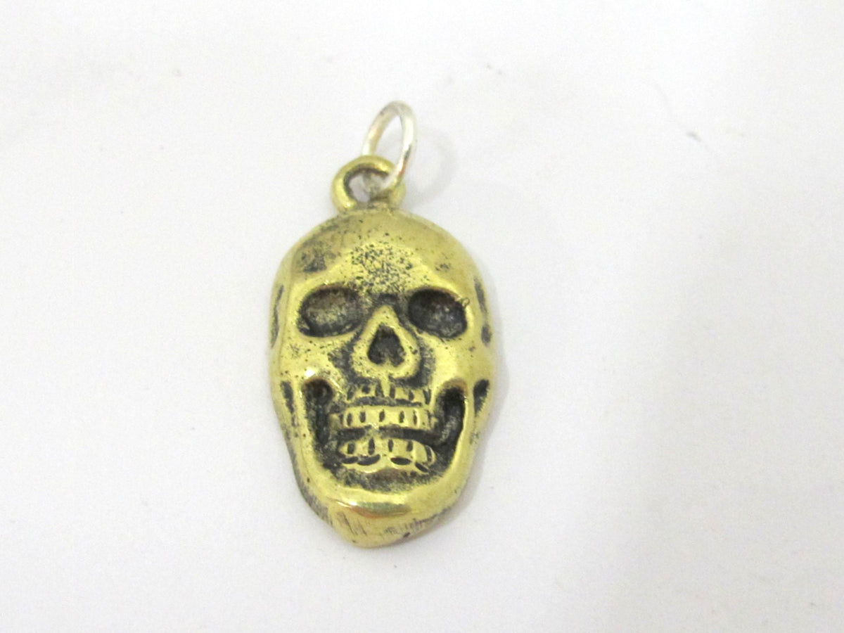 1 Pendant - Tibetan Small size brass skull face charm pendant with floral carving on reverse side l - CP105A
