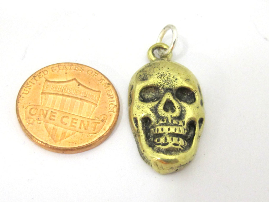 1 Pendant - Tibetan Small size brass skull face charm pendant with floral carving on reverse side l - CP105A