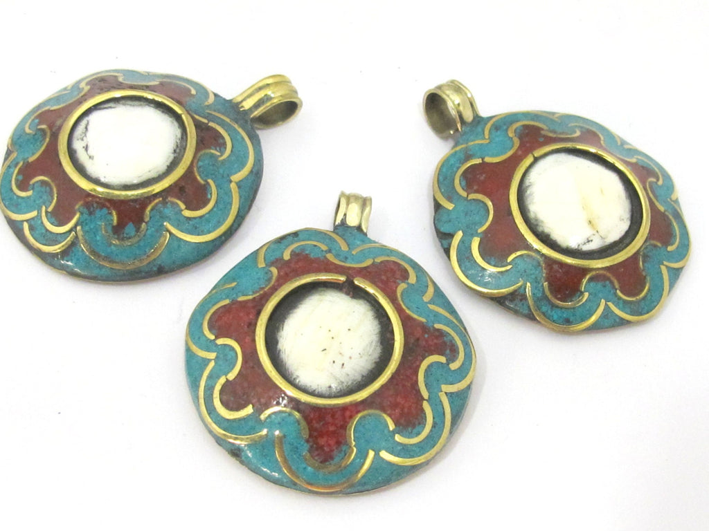 1 Pendant - Reversible Tibetan conch shell brass pendant with auspicious Treasure Vase lotus flower symbol - PM433A