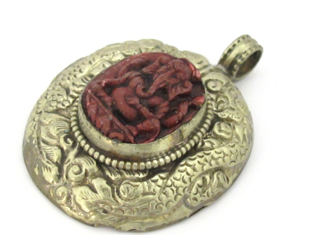Tibetan silver Red Ganesha pendant with double dragon on side and floral carving on reverse - PM272G