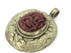 Tibetan silver Red Ganesha pendant with double dragon on side and floral carving on reverse - PM272G