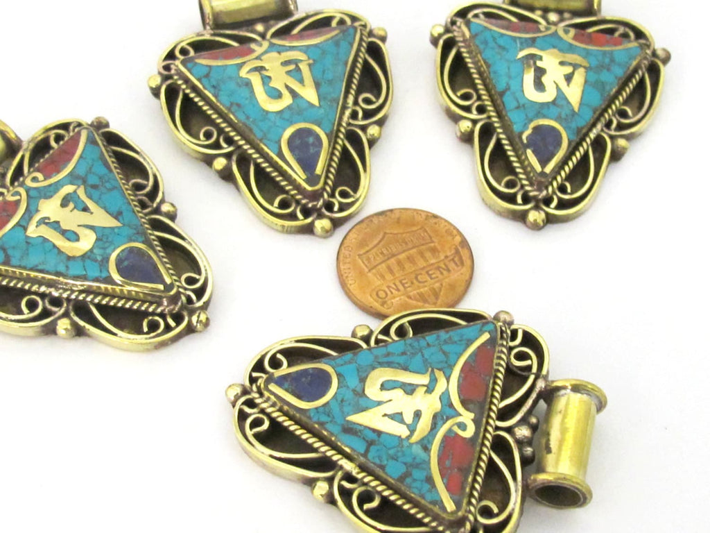 1 Pendant - Ethnic Nepalese Triangle shape Om mantra brass pendant - PM436B