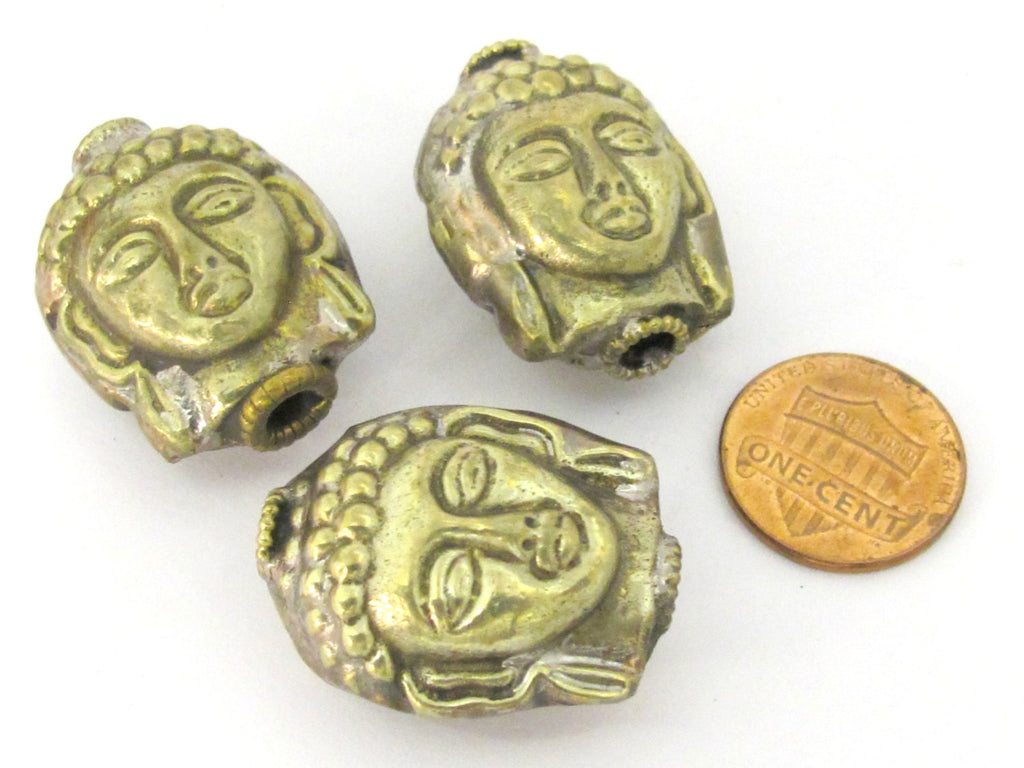 1 Bead - Reversible Light weight antiqued silvery brass tone Tibetan Buddha bead from Nepal- BD851