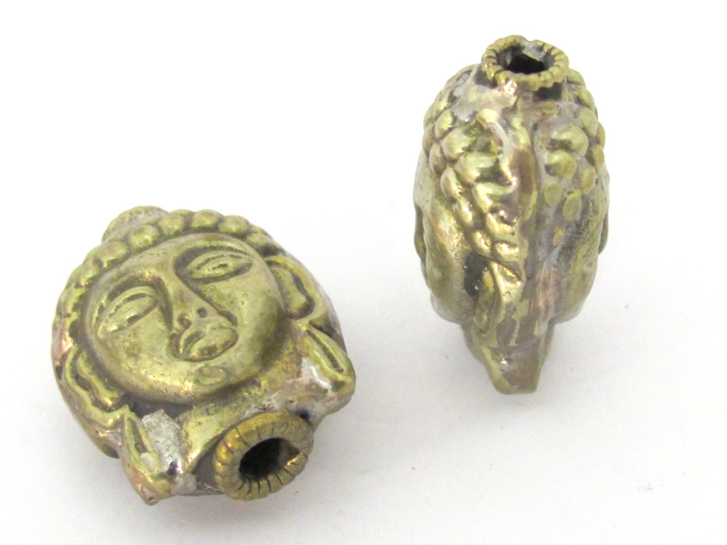 2 Beads - Tibetan beads Buddha beads Reversible Light weight antiqued silvery brass tone Tibetan Buddha bead from Nepal- BD851s