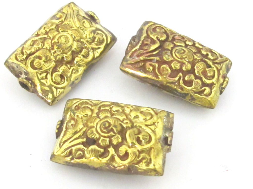 1 Bead - Large rectangle shape ethnic tibetan flower repousse brass bead antiqued gold color - BD854