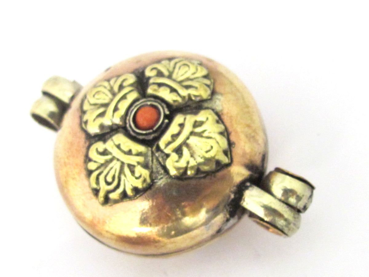 1 Pendant - Tibetan double dorje Kalachakra mantra reversible prayer box copper tone brass pendant - PM438E